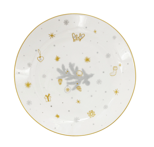 Vánoční dezertní porcelánový talíř Stříbrná Koleda, pr. 19 cm, stříbrný/zlatý