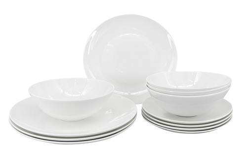 12dílná porcelánová jídelní souprava Luna – bílá, kulatý tvar